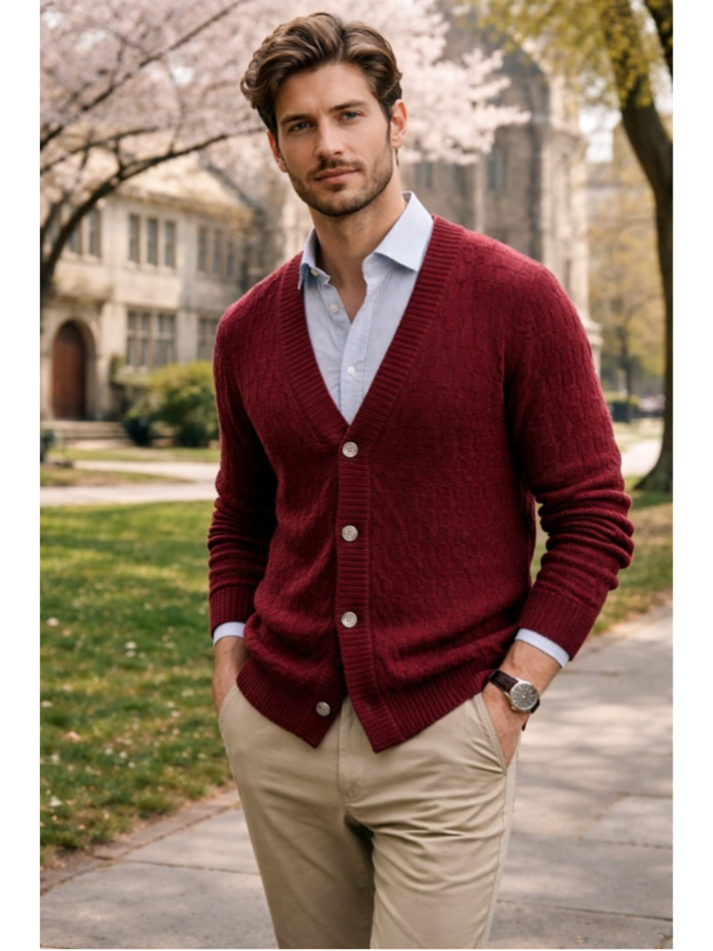 SNS Herning Cardigan Men M Wool Waffle Knit Old Money Minimalist Burgundy Red